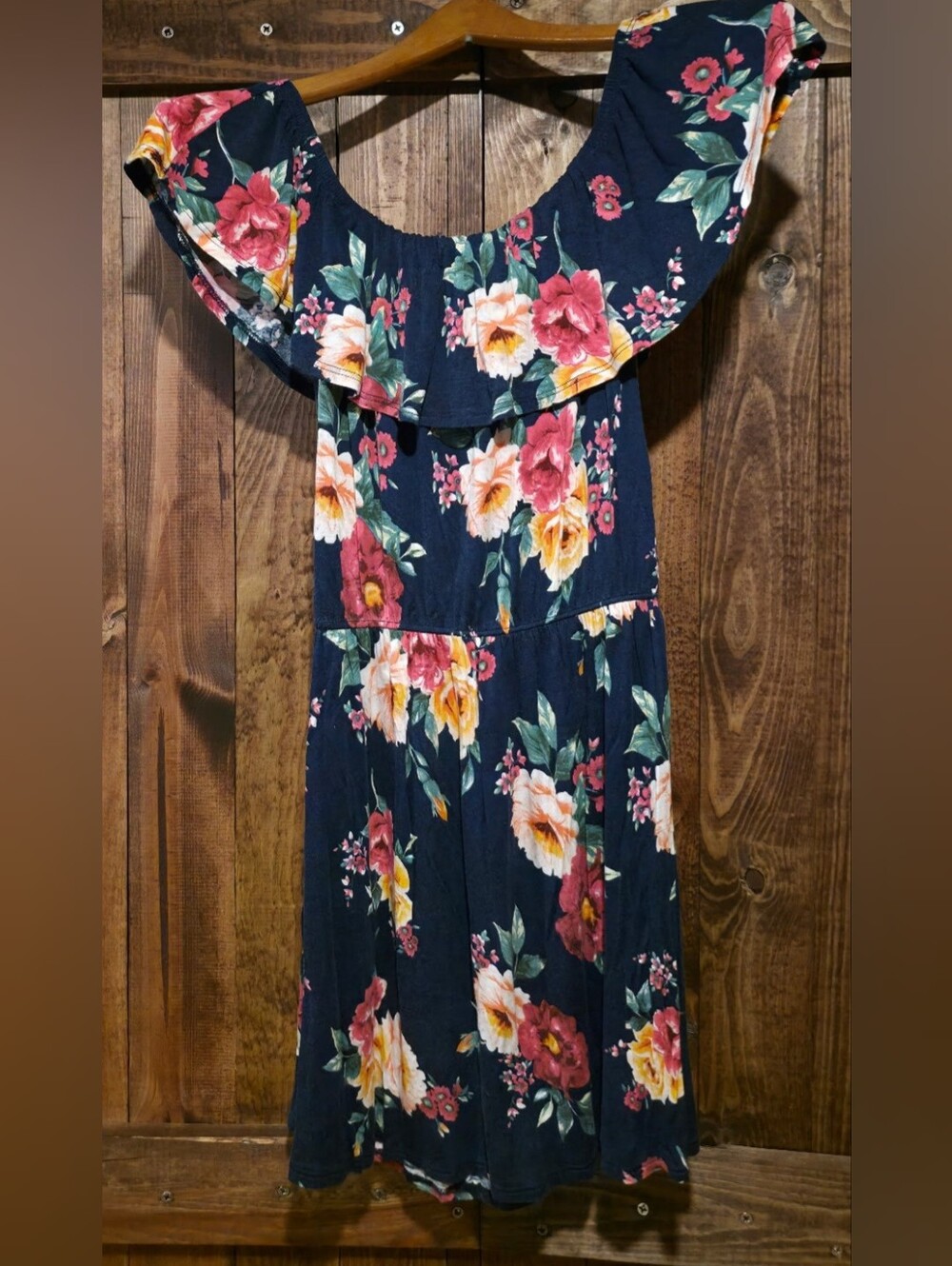 Ambiance Navy Off The Shoulder Floral Maxi Dress with Pink & Yellow Blooms